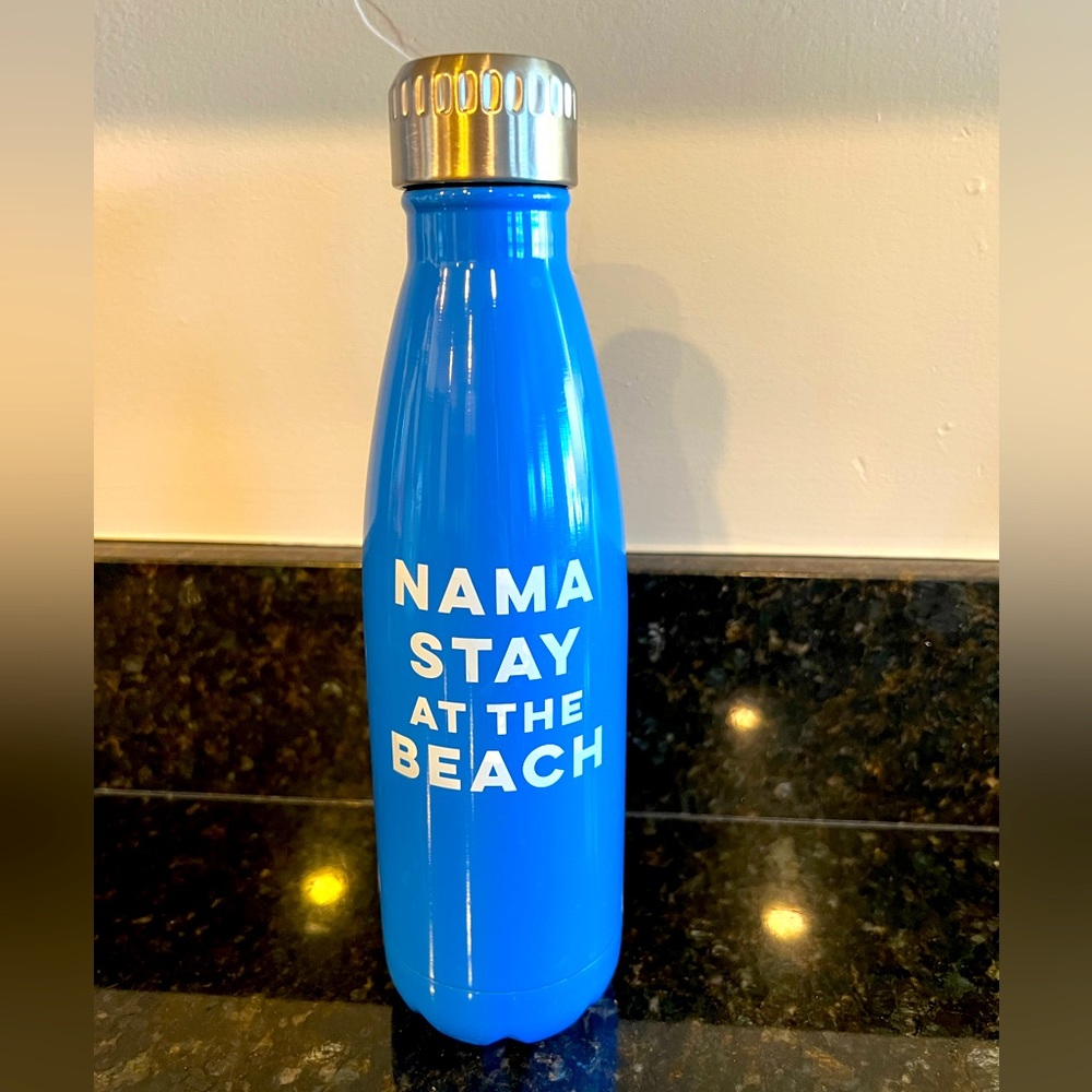 Metal blue water bottle. “NAMA stay at the beach”